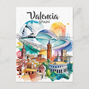 Valencia Spanje Stadsgezicht Aquarel Reis Aangepas Briefkaart