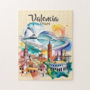 Valencia Spanje Stadsgezicht Aquarel Reis Aangepas Legpuzzel