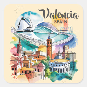 Valencia Spanje Stadsgezicht Aquarel Reis Aangepas Vierkante Sticker
