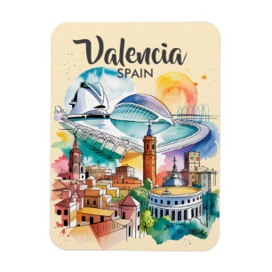 Valencia Spanje Stadslandschap Aquarel Reis Aangep Magneet