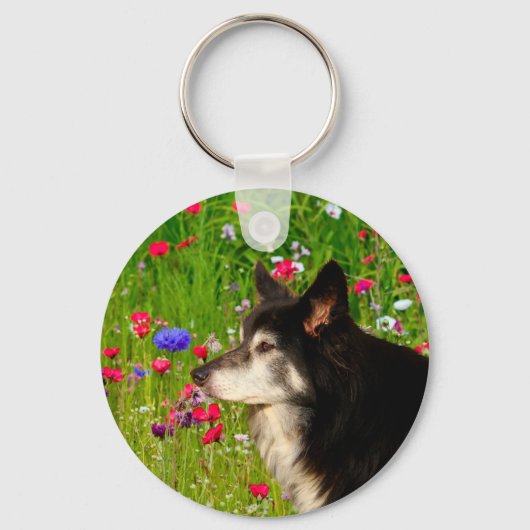 Valentijn Border Collie met mooie bloemetjes Sleutelhanger (Voorkant)