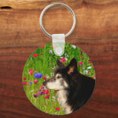 Valentijn Border Collie met mooie bloemetjes Sleutelhanger (Voorkant)