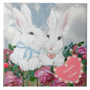 Valentijn Bunny Rabbits Roos Aangepast Romantisch Tegeltje