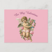 Valentijn cherub met bloemetjes op een roze achter briefkaart (Voorkant)