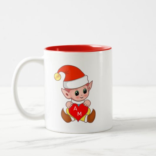 Valentijn Elf met hart en monogram Tweekleurige Koffiemok (Links)