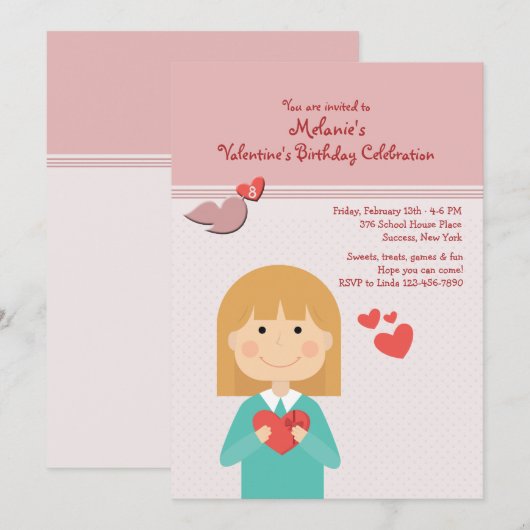 Valentijn Girl Birthday Party Invitation Kaart (Voorkant / Achterkant)