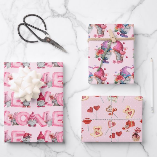 Valentijn Gnomen in Love Set van 3 Design Inpakpapier Vel (Voorkant)