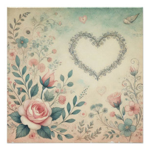 Valentijn Hart Bloemen Pastel waterverf Perfect Poster