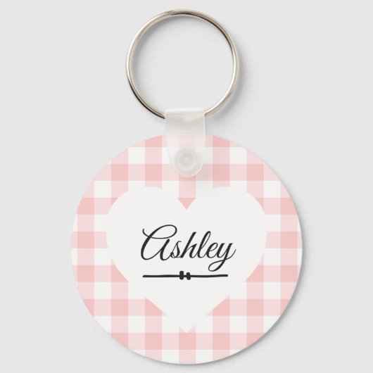 Valentijn Heart Pink Gingham Name Monogram Sleutelhanger (Voorkant)