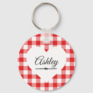 Valentijn Heart Red Gingham Name Monogram Sleutelhanger