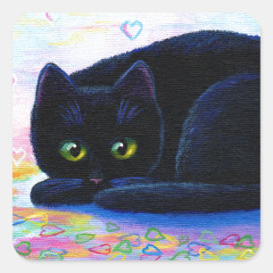 Valentijn Kat Colorful Hearts Creationarts Vierkante Sticker