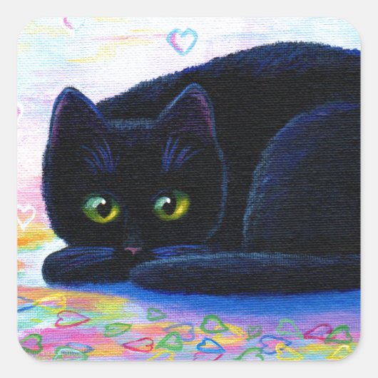 Valentijn Kat Colorful Hearts Creationarts Vierkante Sticker (Voorkant)