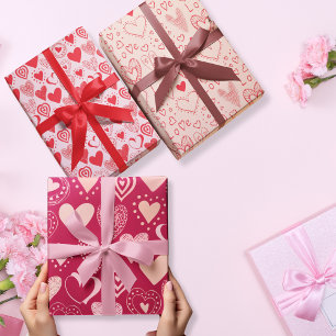 Valentijn lieve harten in roze set van 3 inpakpapier vel