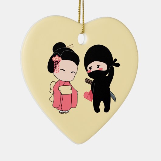 Valentijn Ninja en Geisha op Geel Keramisch Ornament (Rechts)