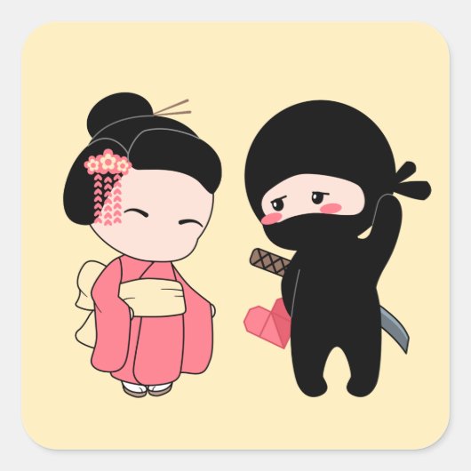 Valentijn Ninja en Geisha op Geel Vierkante Sticker (Voorkant)