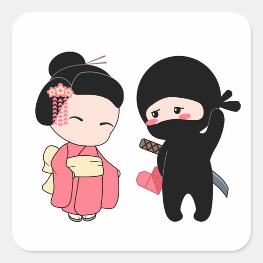 Valentijn Ninja en Geisha Vierkante Sticker (Voorkant)