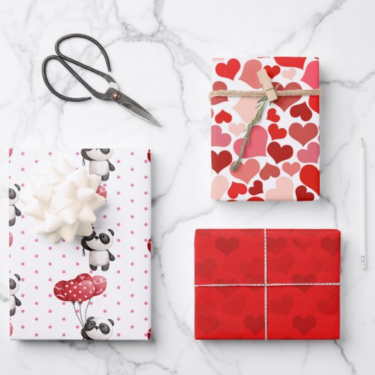 Valentijn Panda-Beren en -harten 3 Ontwerpset Inpakpapier Vel (Voorkant)