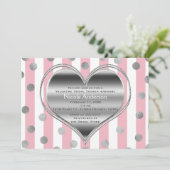 Valentijn Party Silver Heart Pink & White Stripes Kaart (Staand voorkant)