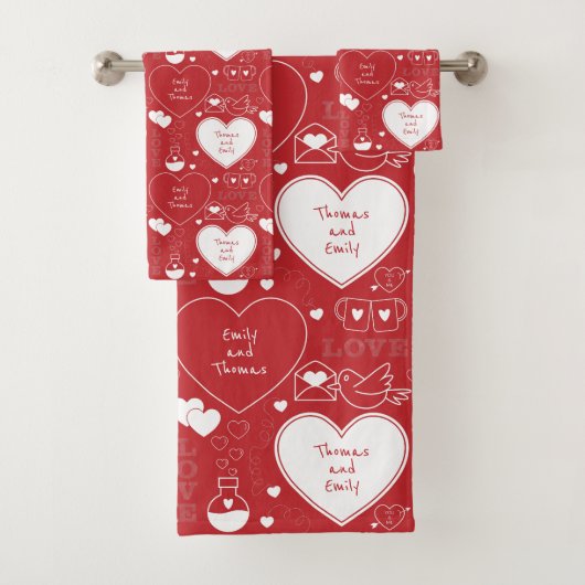 Valentijn Pattern Bath Towel Set - Wit op rood Bad Handdoek (Insitu)