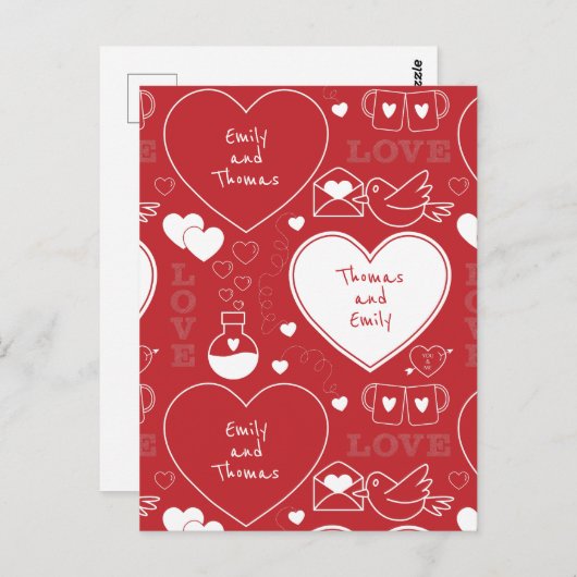 Valentijn Pattern Briefkaart - Wit op Rood (Voorkant / Achterkant)