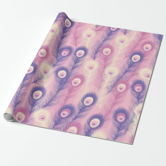 Valentijn Peacock Feather Seamless Pattern in Roze Cadeaupapier (Uitgerold)