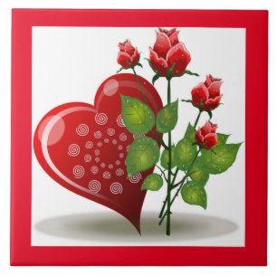 VALENTIJN RED HEART EN RED ROSES CERAMIC TEGEL TEGELTJE