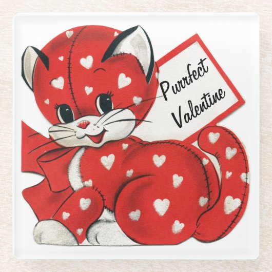 Valentijn Rode Kat Witte Harten Retro Liefde Glazen Onderzetter (Voorkant)