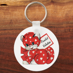 Valentijn Rode Kat Witte Harten Retro Liefde Sleutelhanger