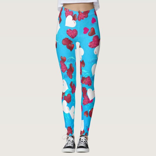 Valentijn Romantic Sweeping Hearts Aqua Blue Ocean Leggings (Voorkant)