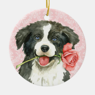 Valentijn Roos Border Collie Keramisch Ornament