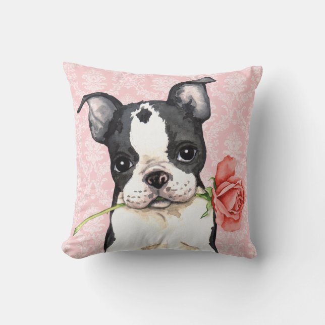 Valentijn Roos Boston Terrier Kussen (Voorkant)