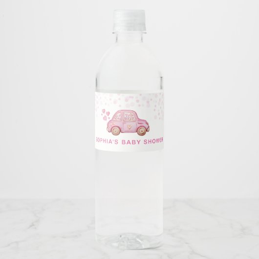 Valentijn Roze Auto Baby shower Waterfles Etiket (Voorkant)