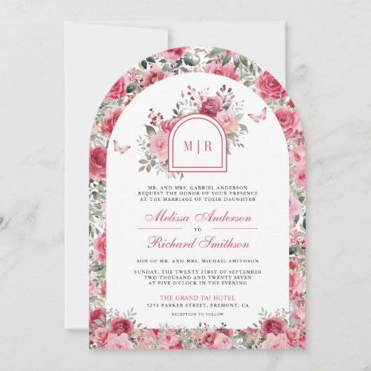 Valentijn Roze Rode Rozen Vlinderboog bruiloft Kaart (Voorkant)