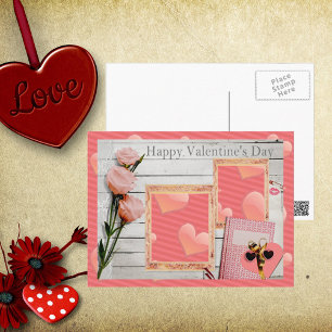 Valentijn, roze rozen, hart voeg je foto's toe feestdagenkaart