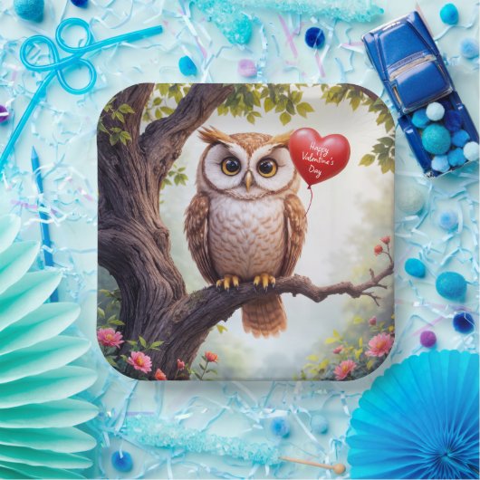 Valentijn uil met rode hartballon papieren bordje (Feest)