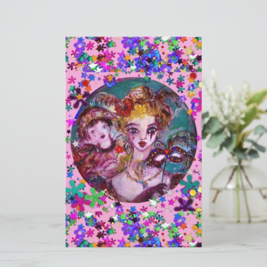 VALENTIJN VENETIAN MASQUERADE MASKS Roze Confetti Briefpapier (Staand voorkant)
