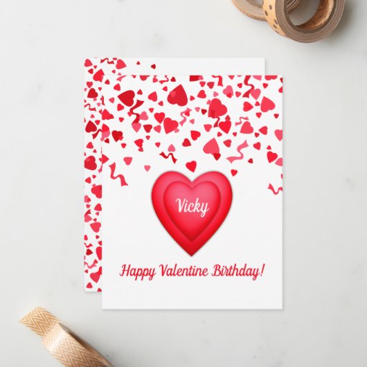 Valentijn Verjaardag Moderne Rode Confetti Harten Notitiekaartje (Voorkant / Achterkant in situ)