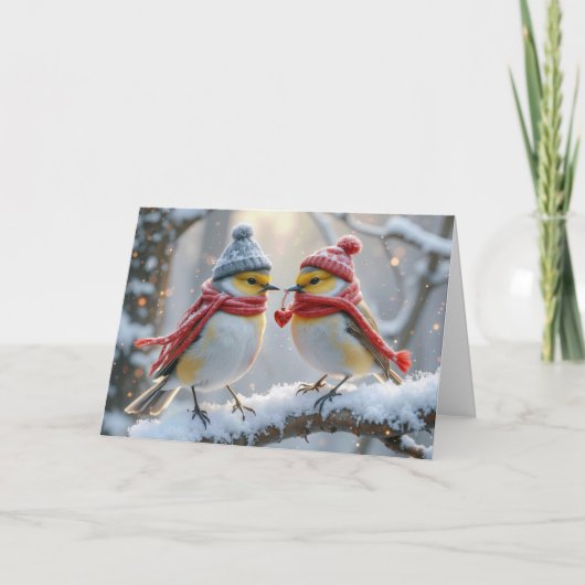 Valentijn wintervogels met rood hart kaart (Voorkant)
