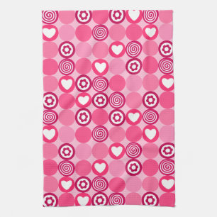 Valentijns Cute Roze Hart en Bloem Stippen Patroon Theedoek