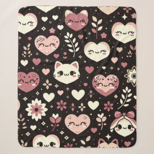 Valentijn's Day Kawaii Cats Hearts Bloemenpatroon Sherpa Deken
