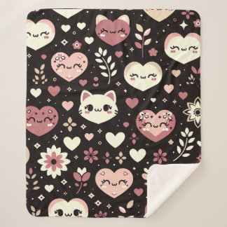 Valentijn's Day Kawaii Cats Hearts Bloemenpatroon Sherpa Deken