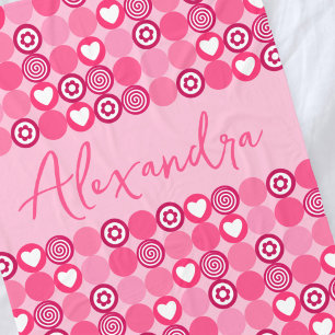 Valentijns Hartjes Roze Hart en Bloem Patroon Naam Fleece Deken