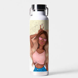 Valentijns nep glinsterend meisje bruin haar roze waterfles