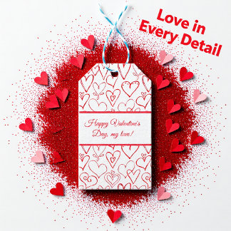 Valentijns rood doodle harten patroon cadeaulabel