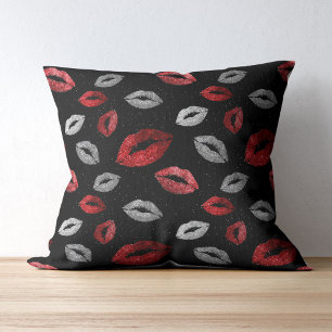 Valentijns Rood Zilver Glitter Lippen op Zwart Kussen