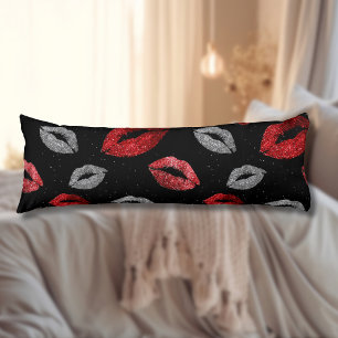 Valentijns Rood Zilver Glitter Lippen op Zwart Lichaamskussen