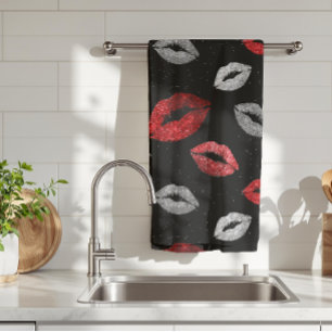 Valentijns Rood Zilver Glitter Lippen op Zwart Theedoek