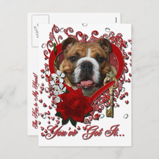 Valentijns - Sleutel tot mijn hart - Bulldog Feestdagenkaart (Voorkant / Achterkant)