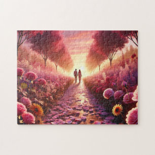 Valentijns Zonsondergang Bloemenpad Romantisch Paa Legpuzzel