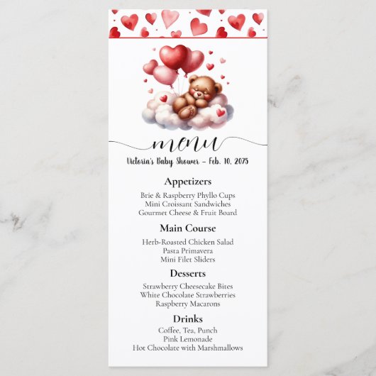 Valentijnsbeer Baby Shower Menu (Voorkant)